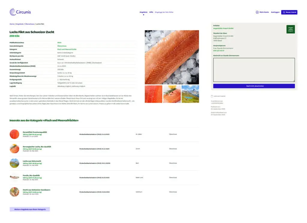 Circunis_Screenshot_Inserate-Detailseite_Lachs Detailansicht Inserat B2B-Marktplatz für Lebensmittelüberschuss - Circunis.ch