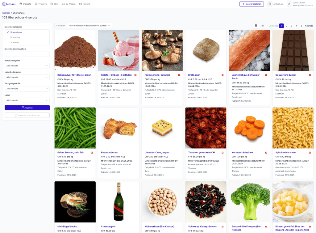 Inserateübersicht B2B-Marktplatz für Lebensmittelüberschuss - Circunis.ch